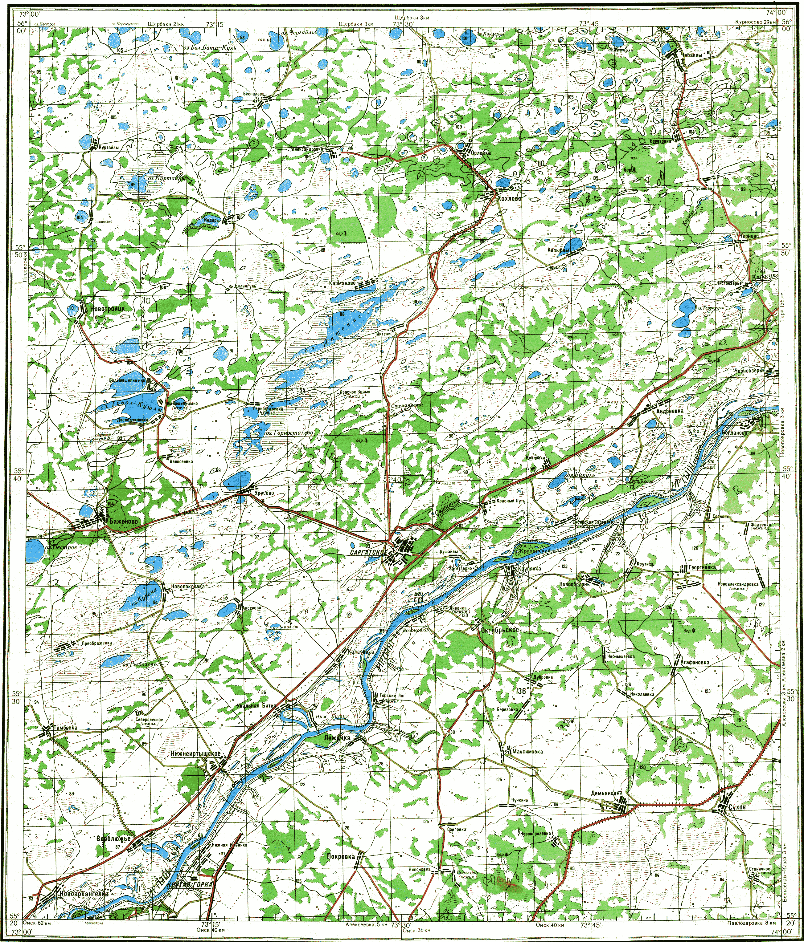 Карта саргатского района омской области с озерами и дорогами
